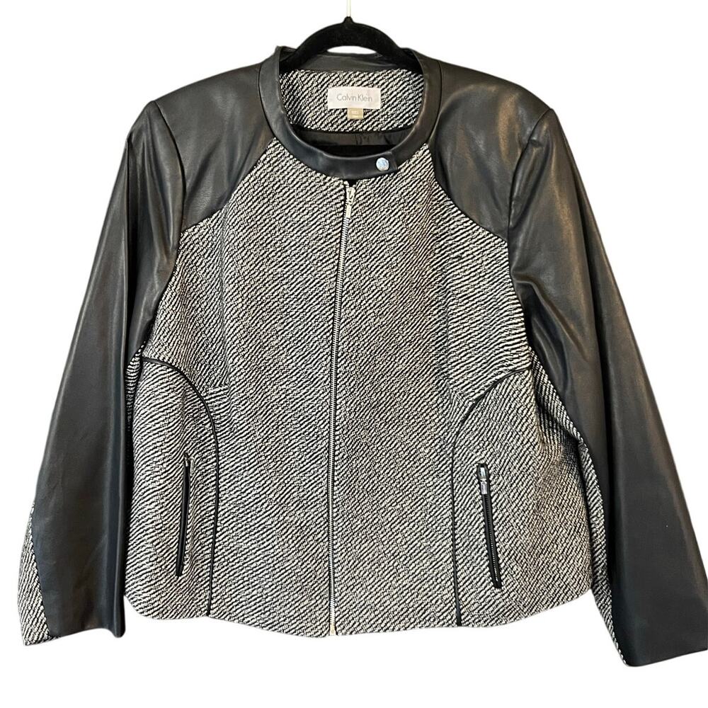 Calvin Klein Tweed Faux Leather Moto Jacket Black White 20W Plus Size Zip EUC